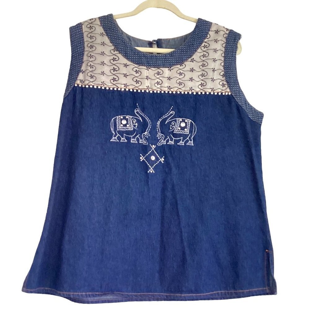 Vintage Molato Denim Top Shirt Elephant Embroidered Beaded Women Size XL